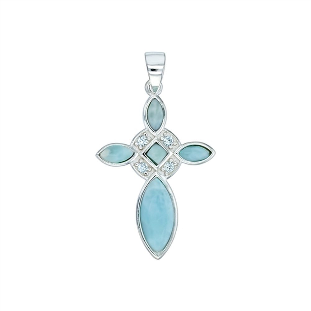 925 Sterling Silver Larimar Floral Cross CZ Pendant 2.93 gm